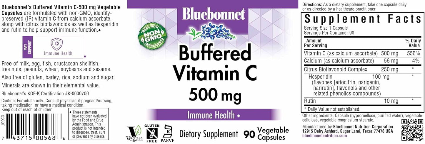 BlueBonnet Buffered Vitamin C Capsules - 500mg, 90 Count, White (743715005686)