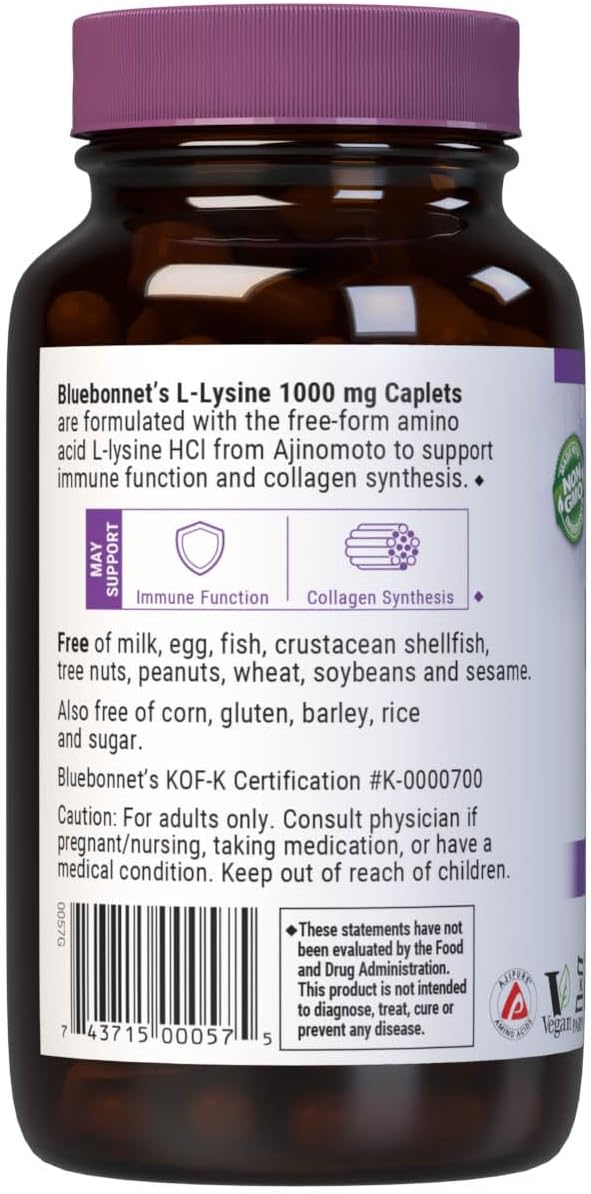 Bluebonnet L-Lysine 1000 mg Caplets - 100 Count, Immune Support Supplement