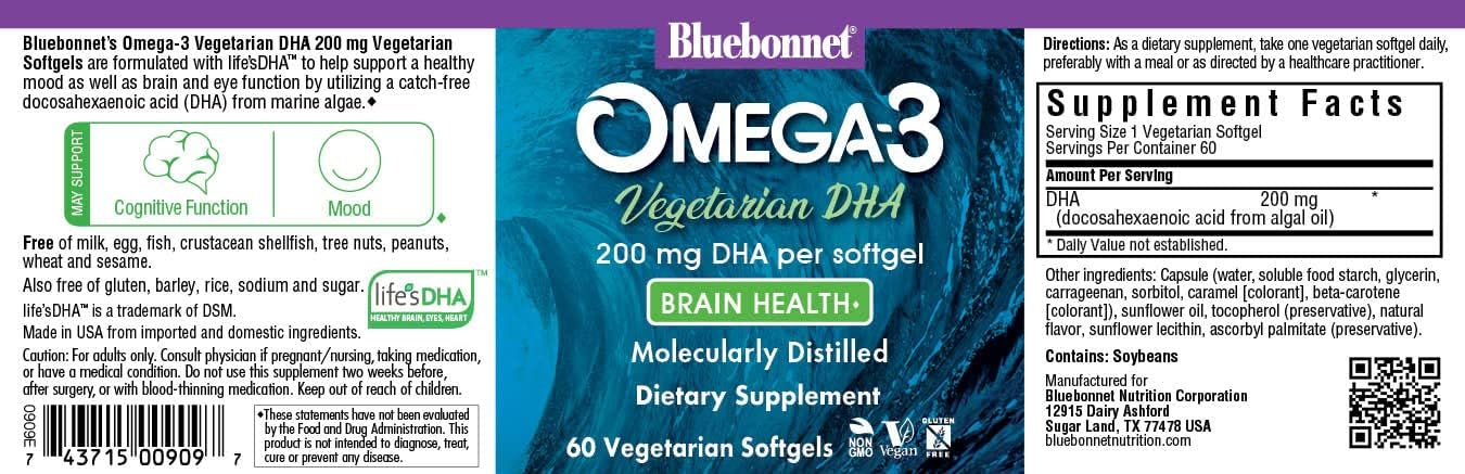 BlueBonnet Natural Omega-3 Vegetarian DHA Softgels - 200mg, 60 Count