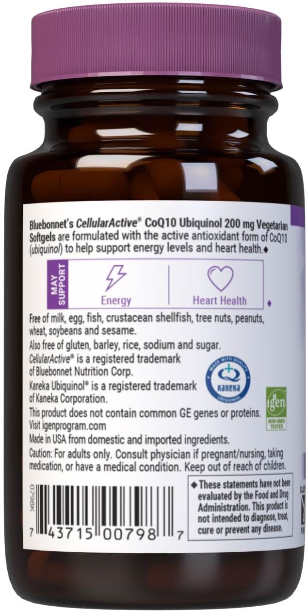 Bluebonnet Nutrition Active CoQ10 Ubiquinol 200mg Softgels for Heart & Cellular Health, Kaneka, Non GMO, Gluten & Soy Free