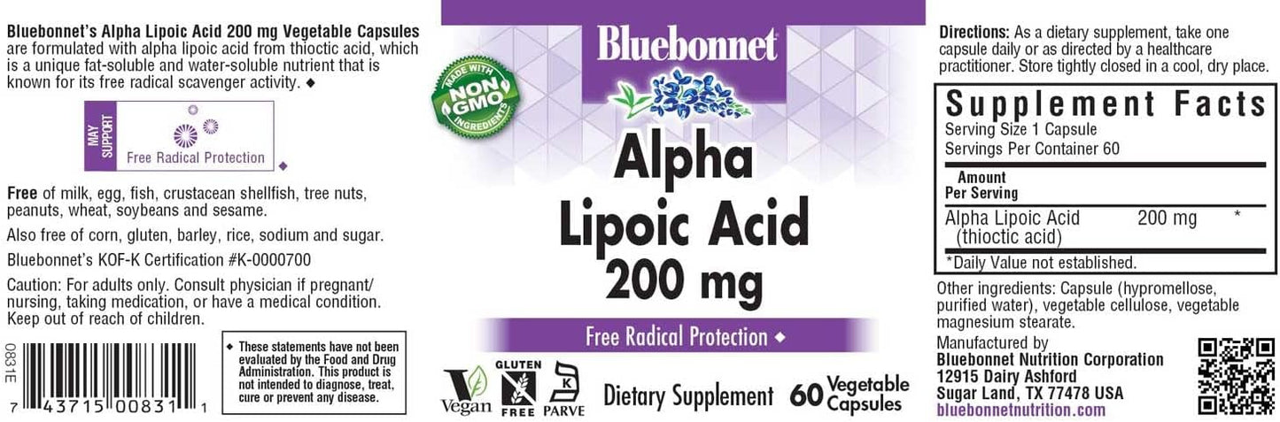 Bluebonnet Nutrition Alpha Lipoic Acid 200 mg - Antioxidant Support for Overall Health and Wellness