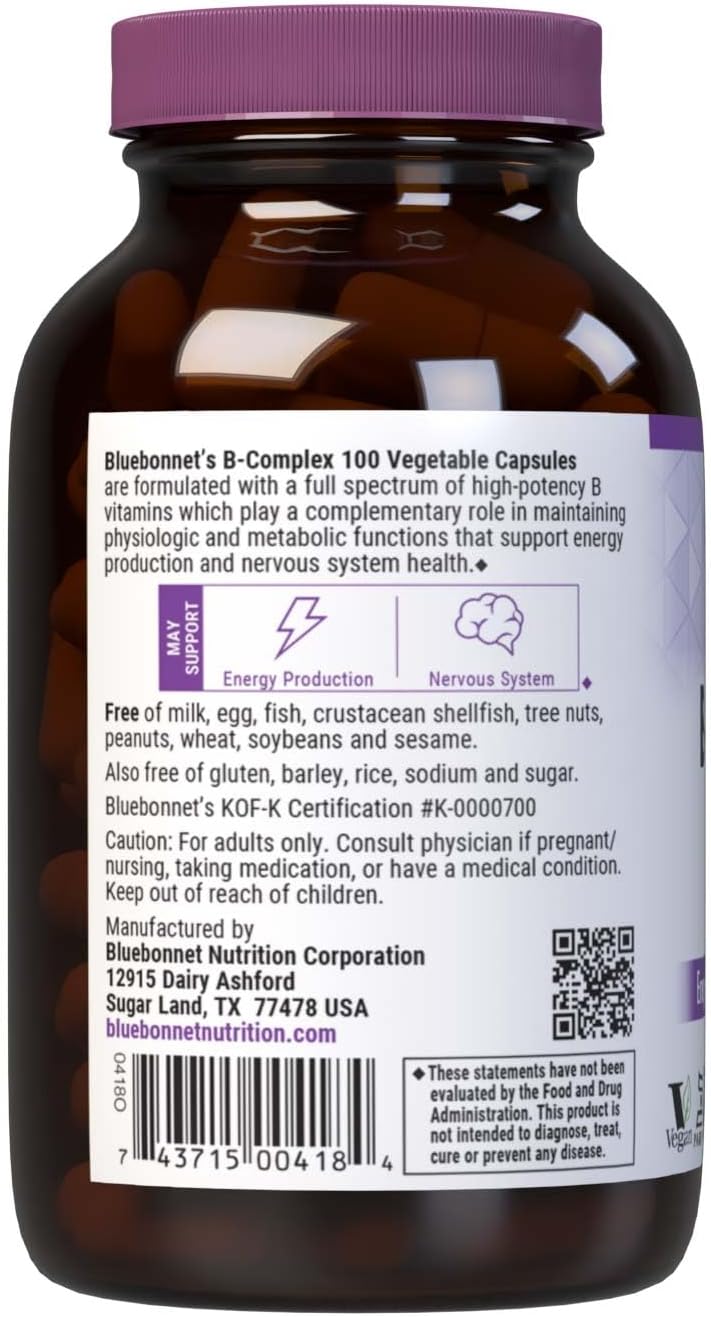 Bluebonnet Nutrition B Complex - Complete Full Spectrum Vegan Capsules, 100 Count