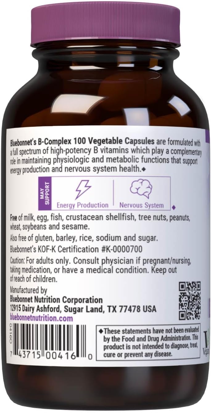 Bluebonnet Nutrition B Complex 100 Vegetable Capsules - Complete Full Spectrum with B6, B12, Biotin, Folate - Vegan, Vegetarian, Gluten Free - 50 Capsules