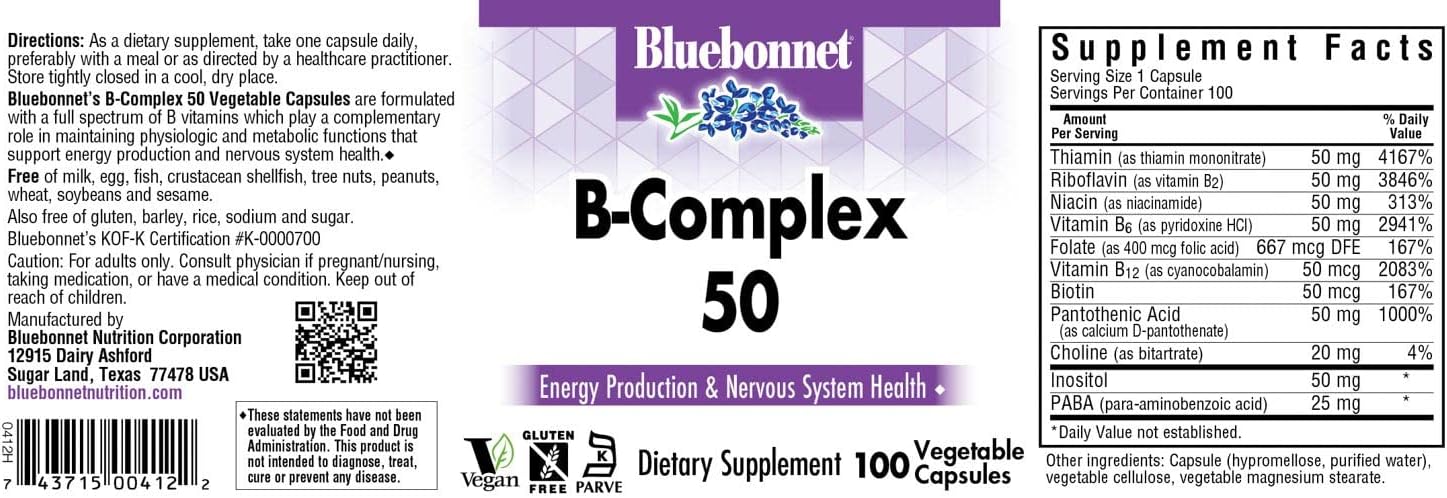 Bluebonnet Nutrition B Complex 50 Capsules - 100 Vegetable Capsules