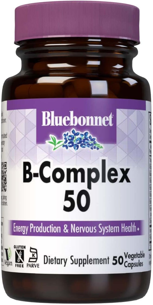 Bluebonnet Nutrition B Complex 50 Capsules - Full Spectrum Vitamin B6, B12, Biotin, Folate - Vegan, Gluten-Free, Kosher - 50 Capsules