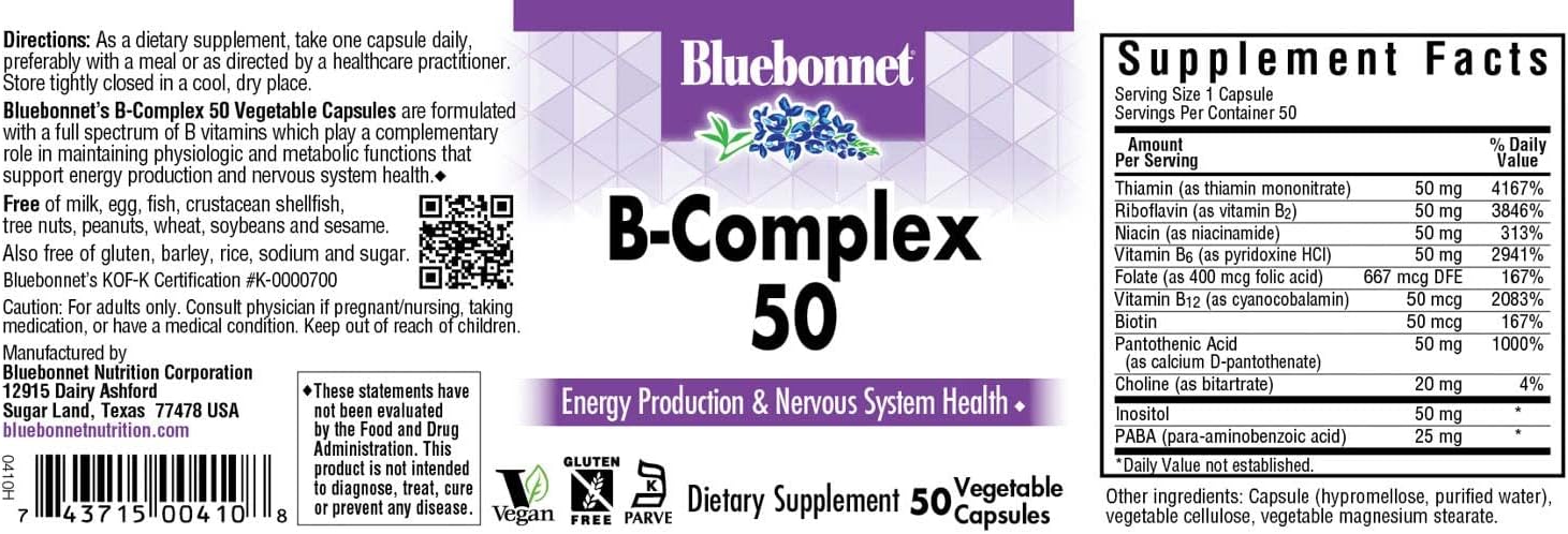Bluebonnet Nutrition B Complex 50 Capsules - Full Spectrum Vitamin B6, B12, Biotin, Folate - Vegan, Gluten-Free, Kosher - 50 Capsules