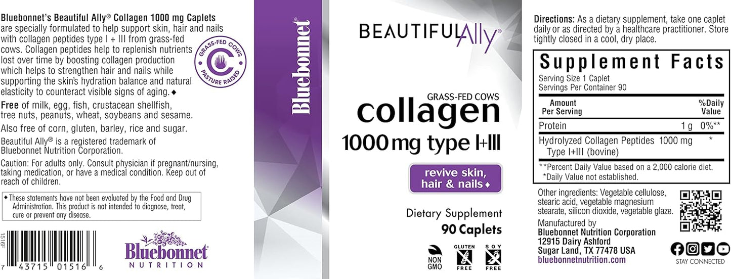 Bluebonnet Nutrition Beautiful Ally Collagen Caplets, Grass-Fed Hydrolyzed Collagen Peptides - Non GMO & Gluten Free - 90 caplets