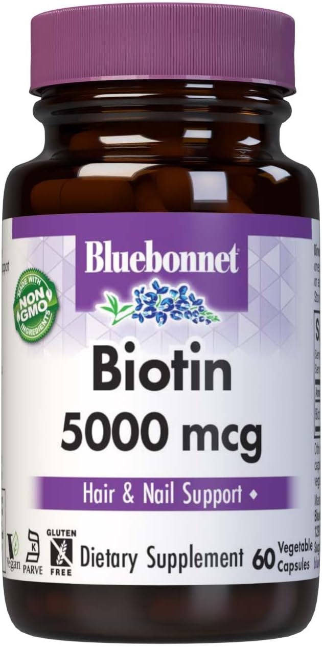 Bluebonnet Nutrition Biotin 5000 mcg Capsules for Hair & Nails, Non-GMO, Vegan, Kosher, Gluten-Free, Soy-Free, Dairy-Free - 60 Servings