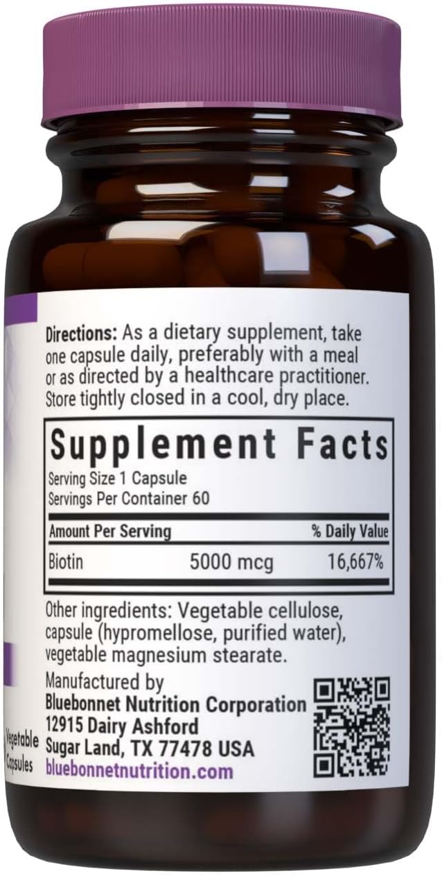 Bluebonnet Nutrition Biotin 5000 mcg Capsules for Hair & Nails, Non-GMO, Vegan, Kosher, Gluten-Free, Soy-Free, Dairy-Free - 60 Servings