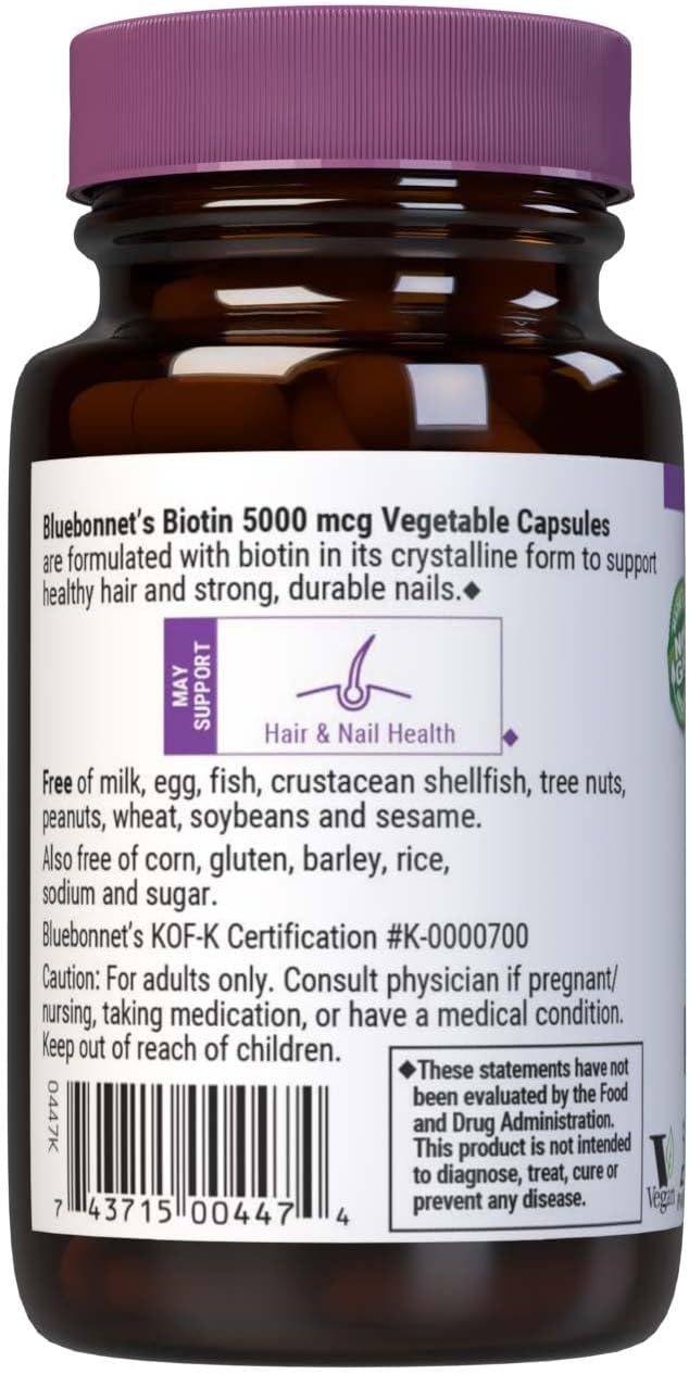 Bluebonnet Nutrition Biotin 5000 mcg Capsules for Hair & Nails, Non-GMO, Vegan, Kosher, Gluten-Free, Soy-Free, Dairy-Free - 60 Servings