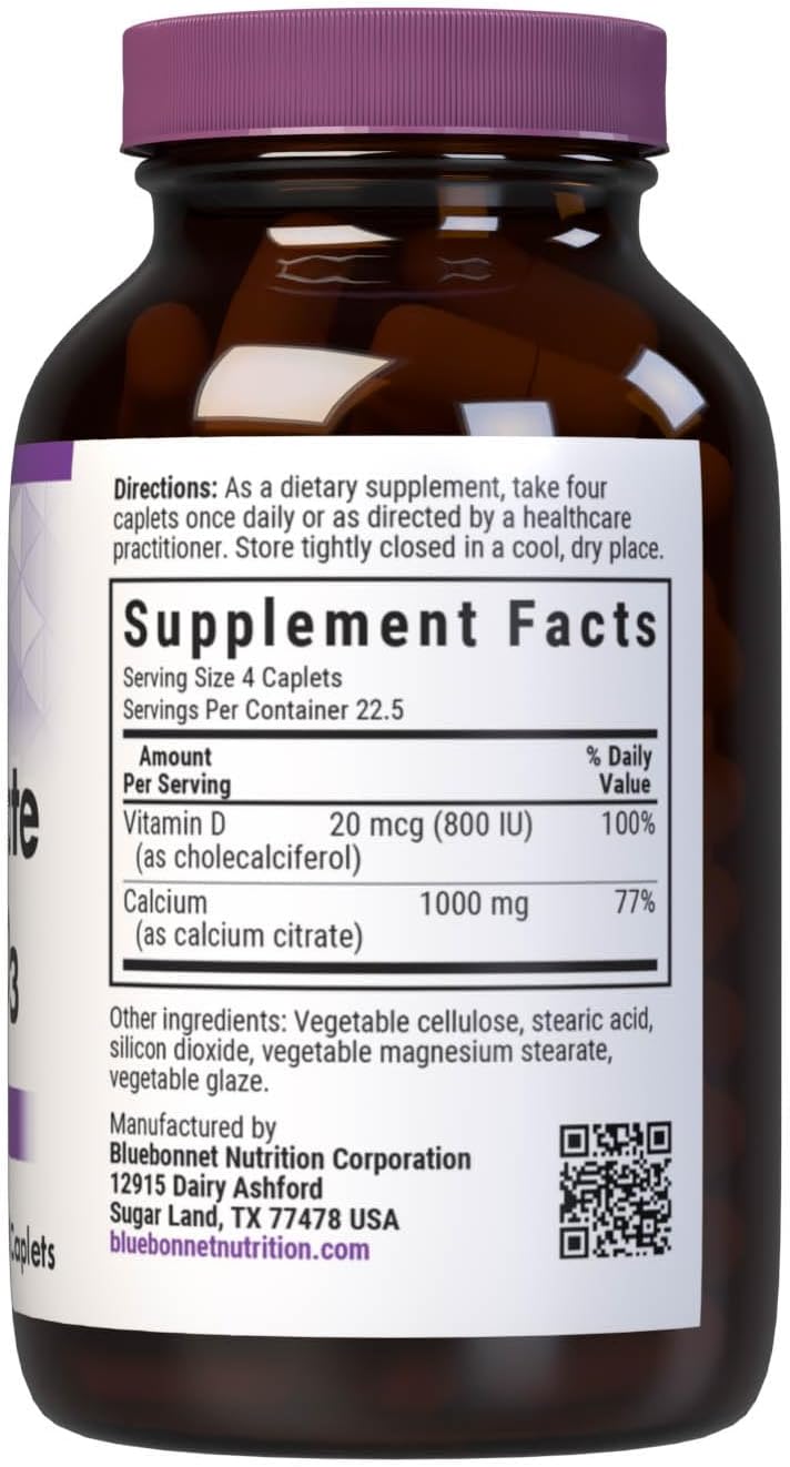Bluebonnet Nutrition Calcium Citrate & Vitamin D3 Caplets for Bone Health - Non-GMO, Kosher, Gluten-Free, Soy-Free - 90 Caplets