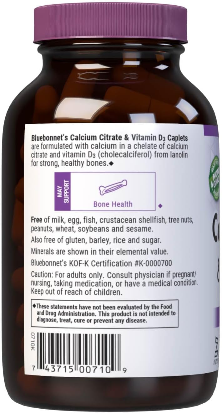 Bluebonnet Nutrition Calcium Citrate & Vitamin D3 Caplets for Bone Health - Non-GMO, Kosher, Gluten-Free, Soy-Free - 90 Caplets