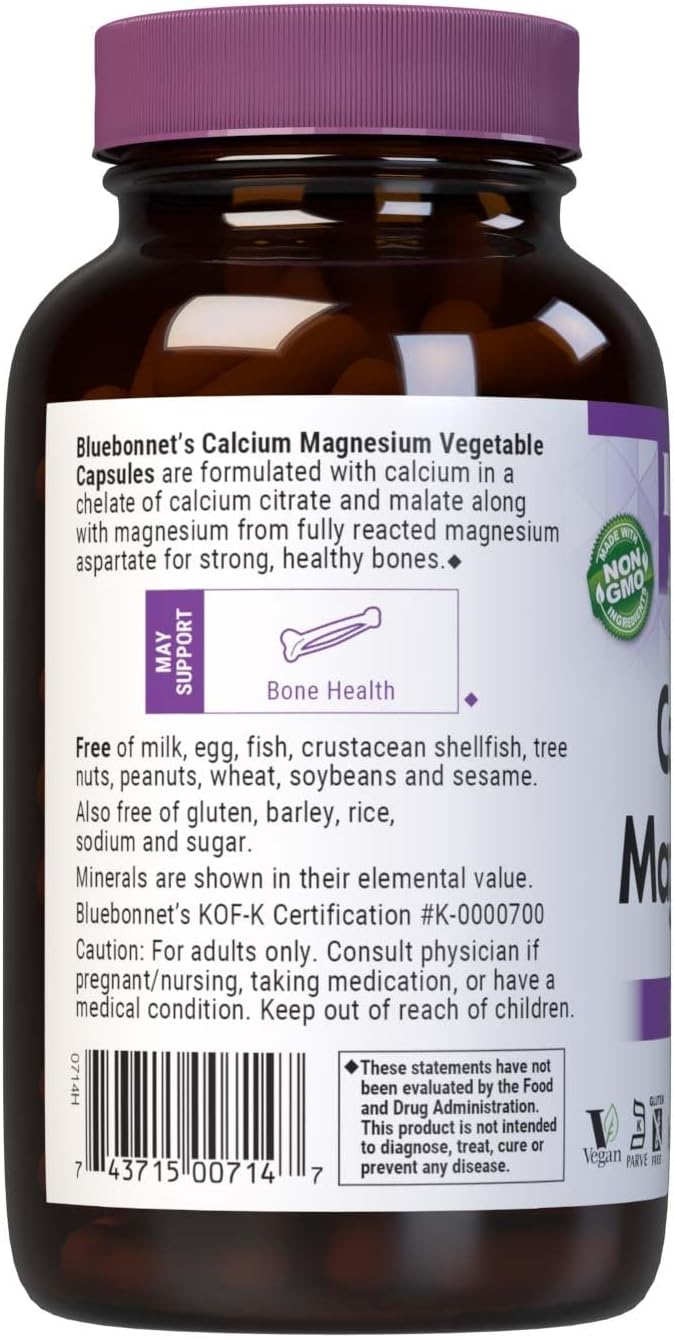 Bluebonnet Nutrition Calcium & Magnesium Capsules for Bone Health - Vegan, Non-GMO, Gluten-Free, Soy-Free - 180 Capsules
