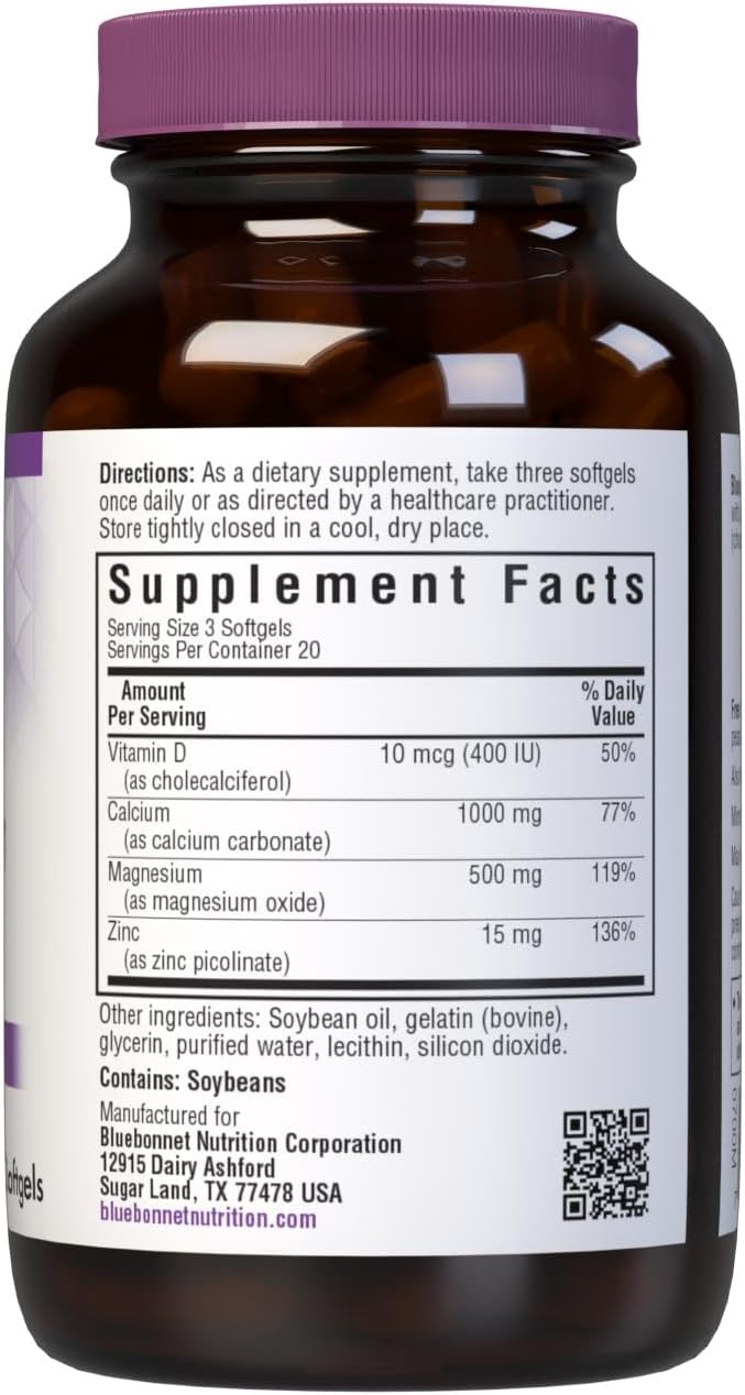 Bluebonnet Nutrition Calcium Magnesium Zinc with Vitamin D3 Softgels - 1000 mg Calcium, 500 mg Magnesium, 15 mg Zinc, 400 IU Vitamin D3 - Gluten-Free, Dairy-Free - 60 Count
