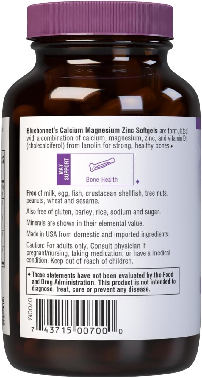 Bluebonnet Nutrition Calcium Magnesium Zinc with Vitamin D3 Softgels - 1000 mg Calcium, 500 mg Magnesium, 15 mg Zinc, 400 IU Vitamin D3 - Gluten-Free, Dairy-Free - 60 Count