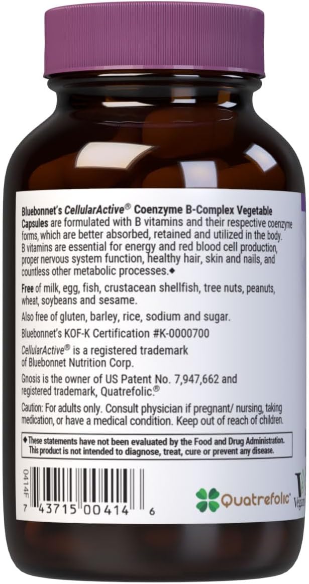 Bluebonnet Nutrition Cellular Active Coenzyme B-Complex: Energy & Nerve Support, Vegan, Kosher, Gluten-Free - 50 Capsules