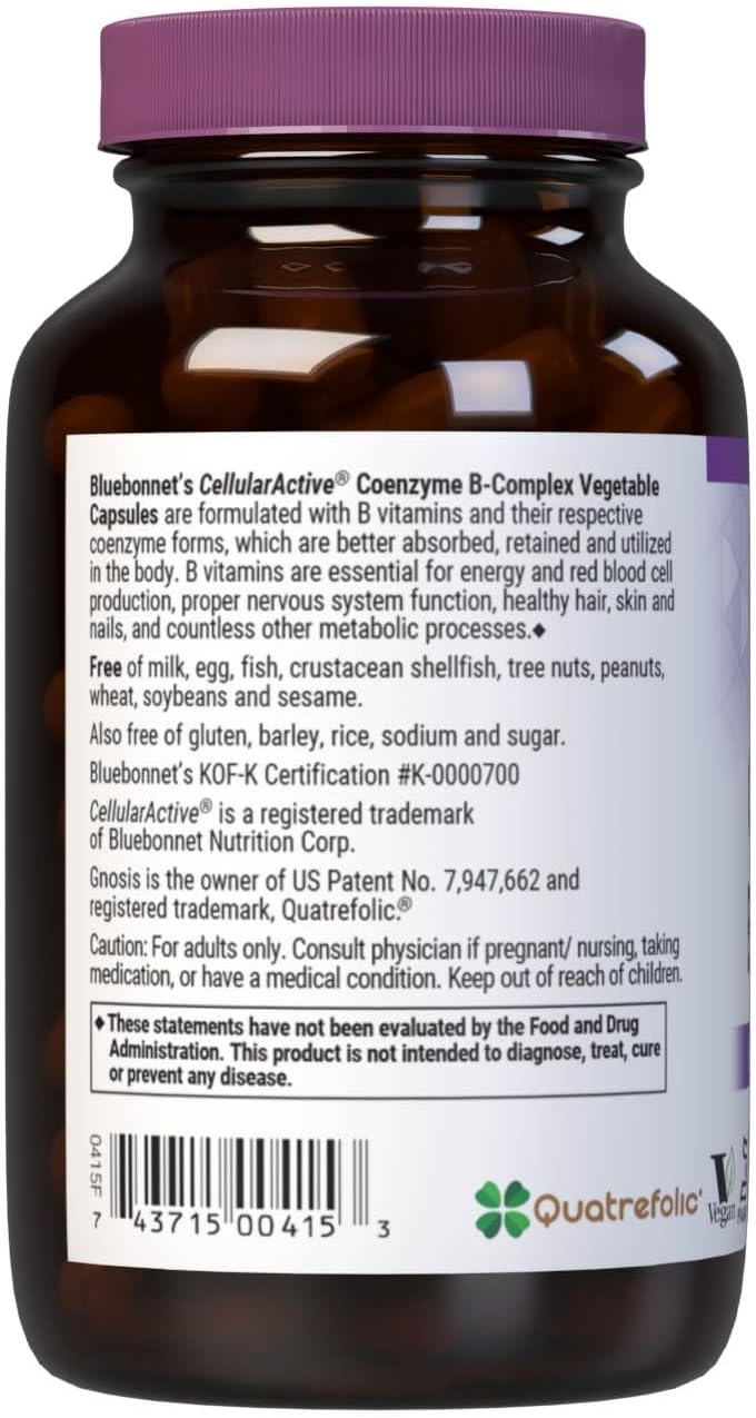 Bluebonnet Nutrition Cellular Active Coenzyme B-Complex for Energy & Nerve Support - Vegan, Kosher, Gluten-Free - 100 Veg Caps