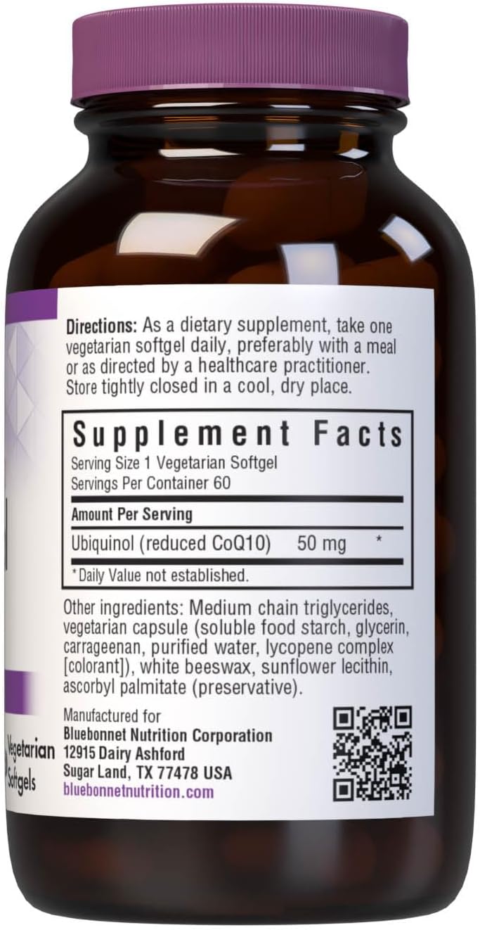 Bluebonnet Nutrition Cellular Active CoQ10 Ubiquinol 50 mg Softgels - Heart & Cellular Health - Kaneka Ubiquinol - Non GMO - Gluten, Soy, Milk Free - 60 Vegetarian Softgels