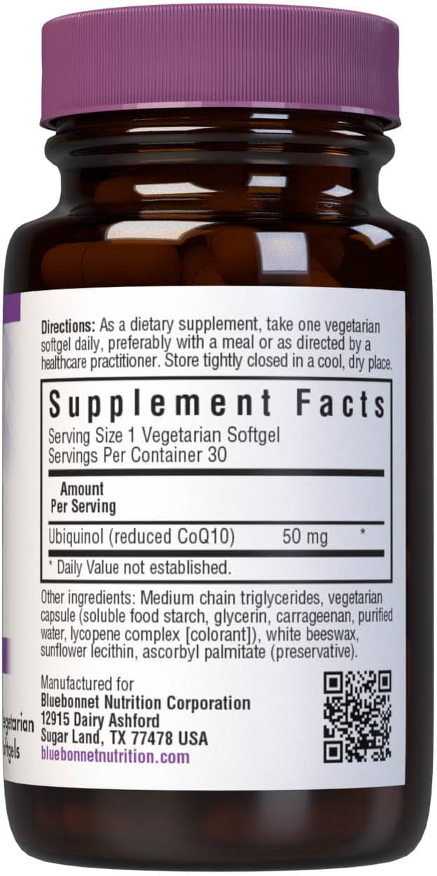 Bluebonnet Nutrition Cellular Active CoQ10 Ubiquinol 50 mg Softgels - Heart & Cellular Health - Non GMO, Gluten Free, Soy Free, 30 Softgels