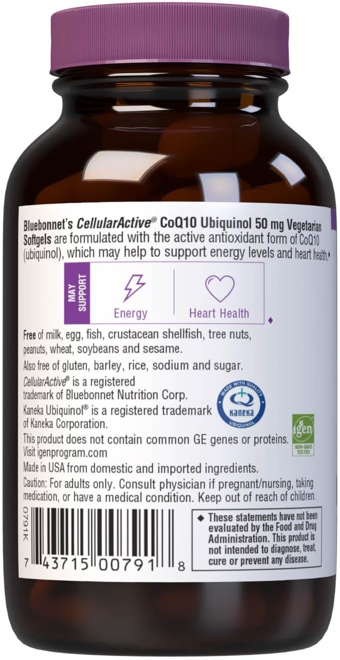 Bluebonnet Nutrition Cellular Active CoQ10 Ubiquinol 50 mg Softgels - Heart & Cellular Health - Kaneka Ubiquinol - Non GMO - Gluten, Soy, Milk Free - 60 Vegetarian Softgels