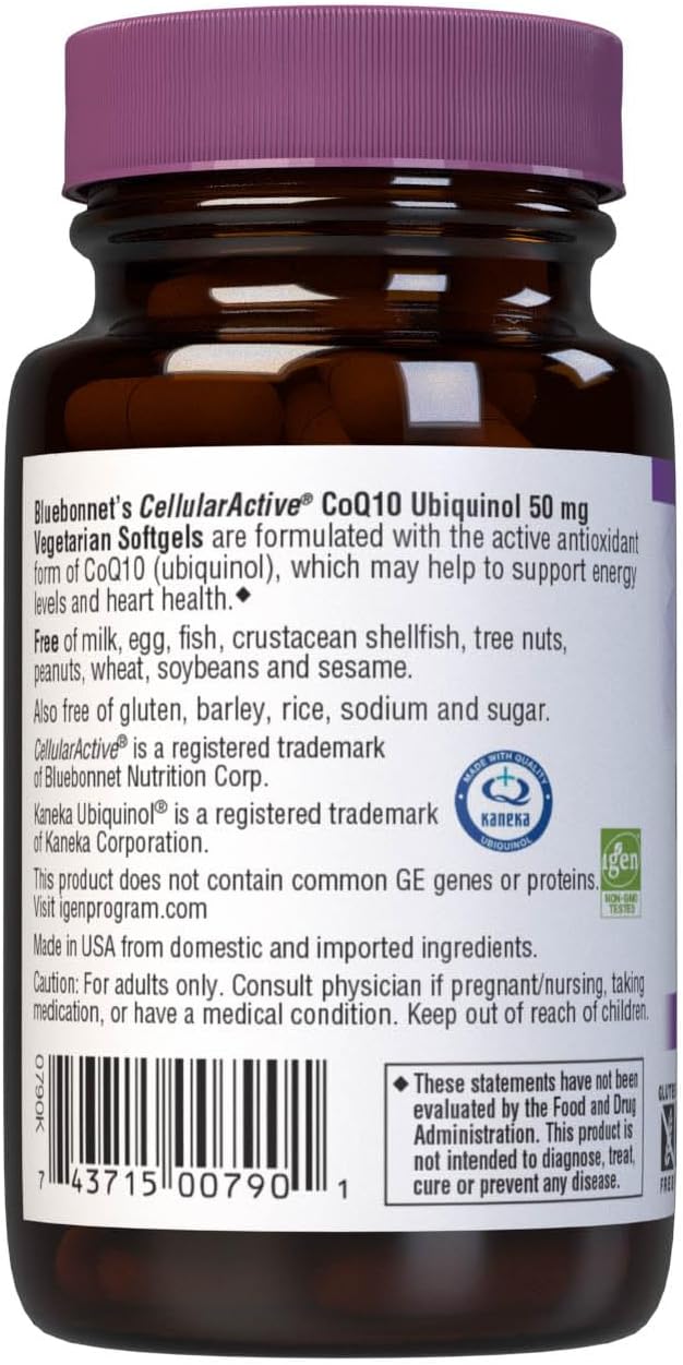 Bluebonnet Nutrition Cellular Active CoQ10 Ubiquinol 50 mg Softgels - Heart & Cellular Health - Non GMO, Gluten Free, Soy Free, 30 Softgels