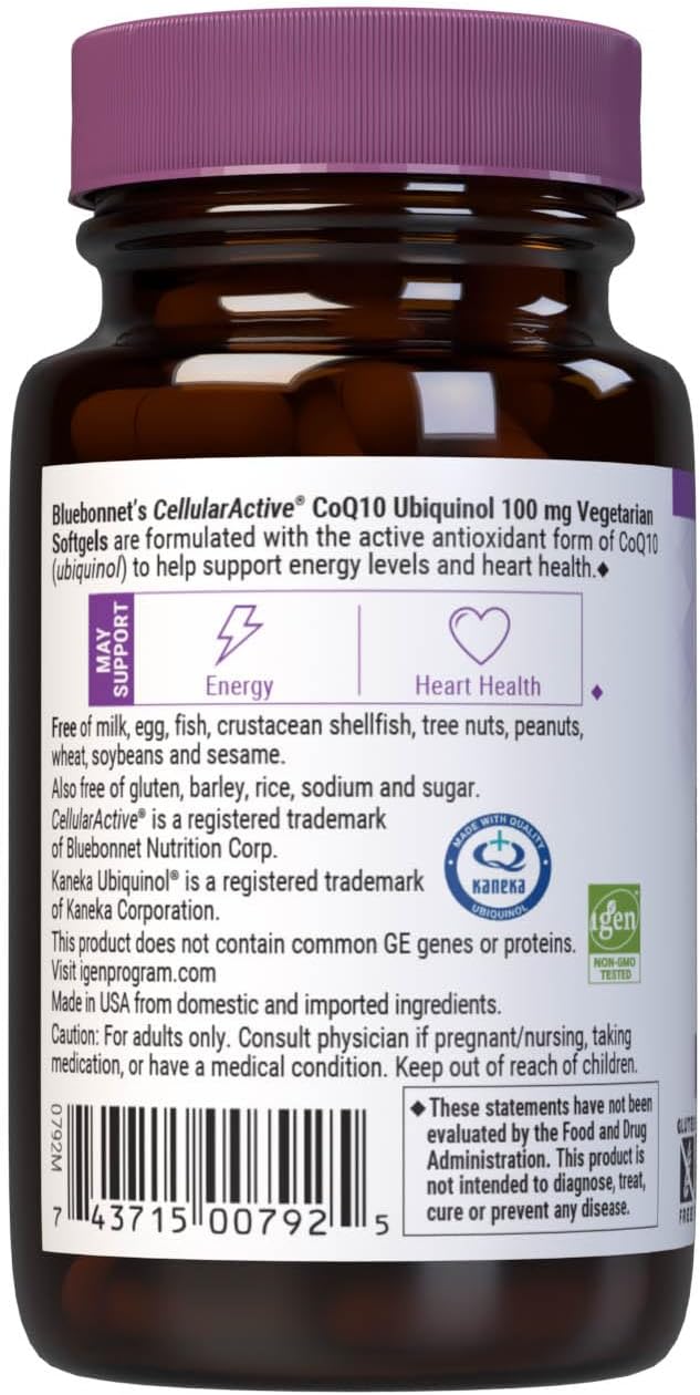 Bluebonnet Nutrition Cellular Active CoQ10 Ubiquinol 100 mg Softgels for Energy & Heart Health, Non-GMO, Gluten-Free, 30 Servings