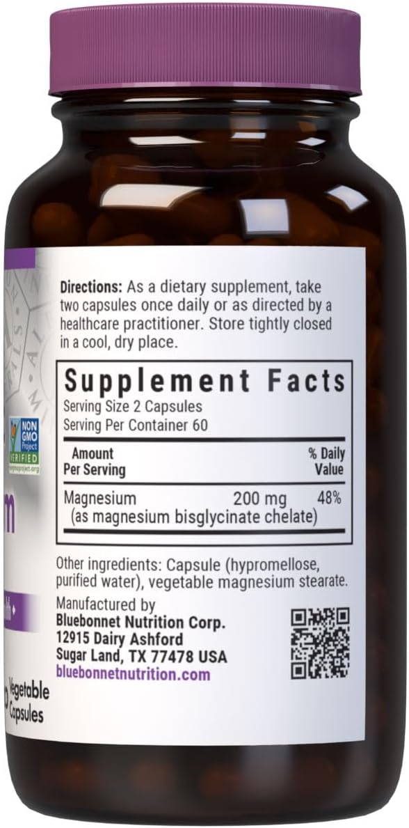 Bluebonnet Nutrition Chelated Magnesium Capsules - 200mg, Stress Relief, Vegan, Non GMO, Gluten Free - 120 Capsules, 2 Month Supply