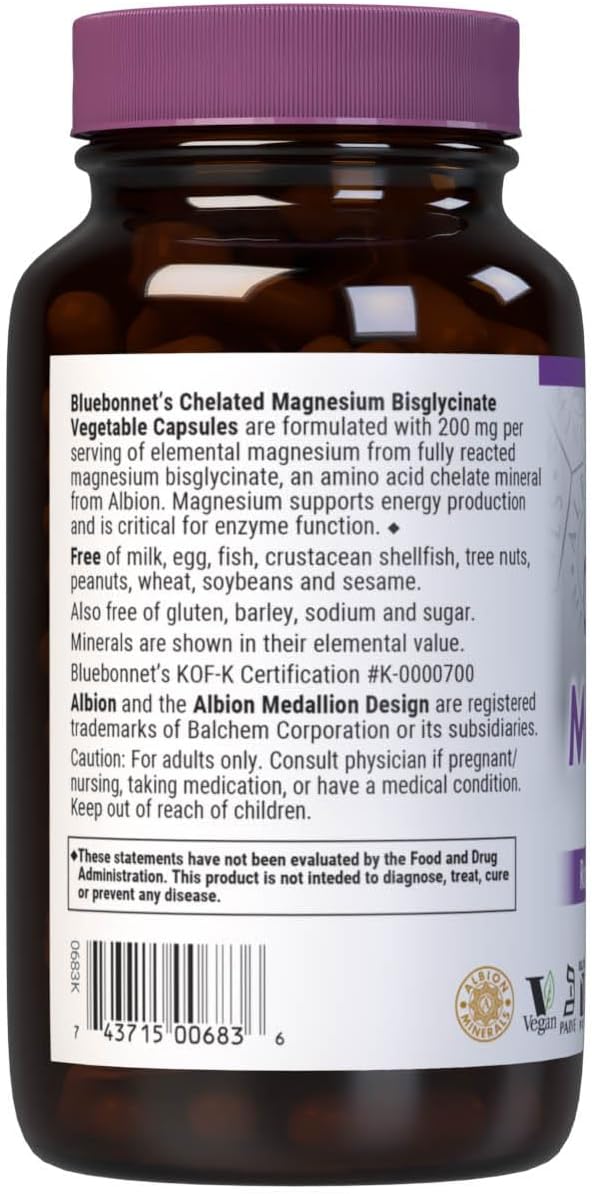 Bluebonnet Nutrition Chelated Magnesium Capsules - 200mg, Stress Relief, Vegan, Non GMO, Gluten Free - 120 Capsules, 2 Month Supply
