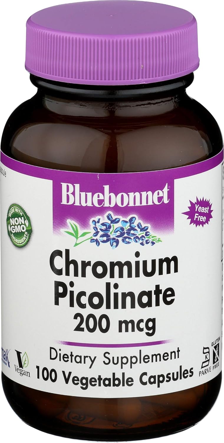 Bluebonnet Nutrition Chromium Picolinate 200mcg - 100 Vegetarian Capsules for Healthy Blood Sugar Support