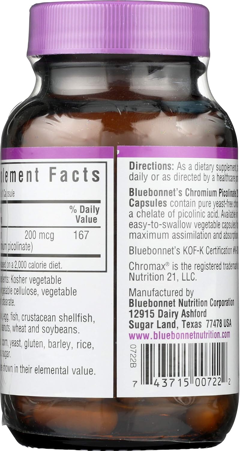Bluebonnet Nutrition Chromium Picolinate 200mcg - 100 Vegetarian Capsules for Healthy Blood Sugar Support