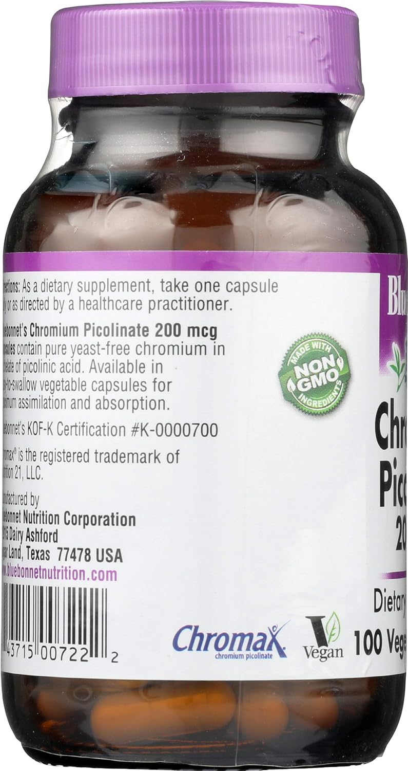 Bluebonnet Nutrition Chromium Picolinate 200mcg - 100 Vegetarian Capsules for Healthy Blood Sugar Support