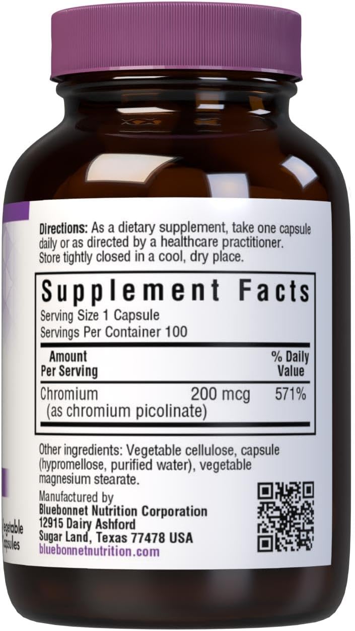 Bluebonnet Nutrition Chromium Picolinate 200mcg Capsules - 100 Count Bottle