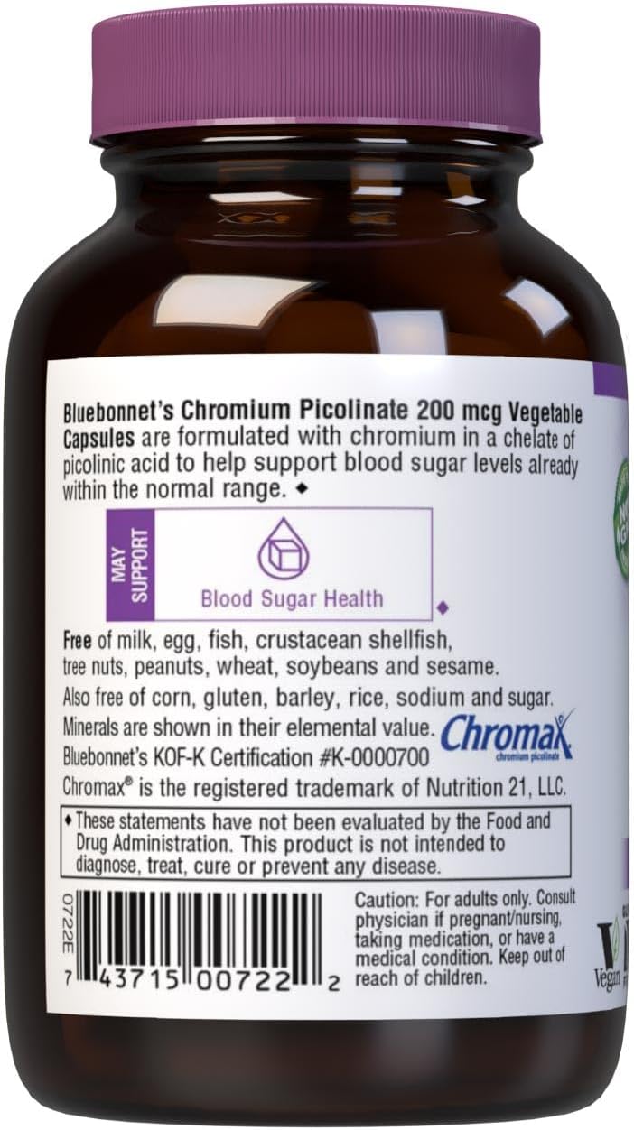 Bluebonnet Nutrition Chromium Picolinate 200mcg Capsules - 100 Count Bottle