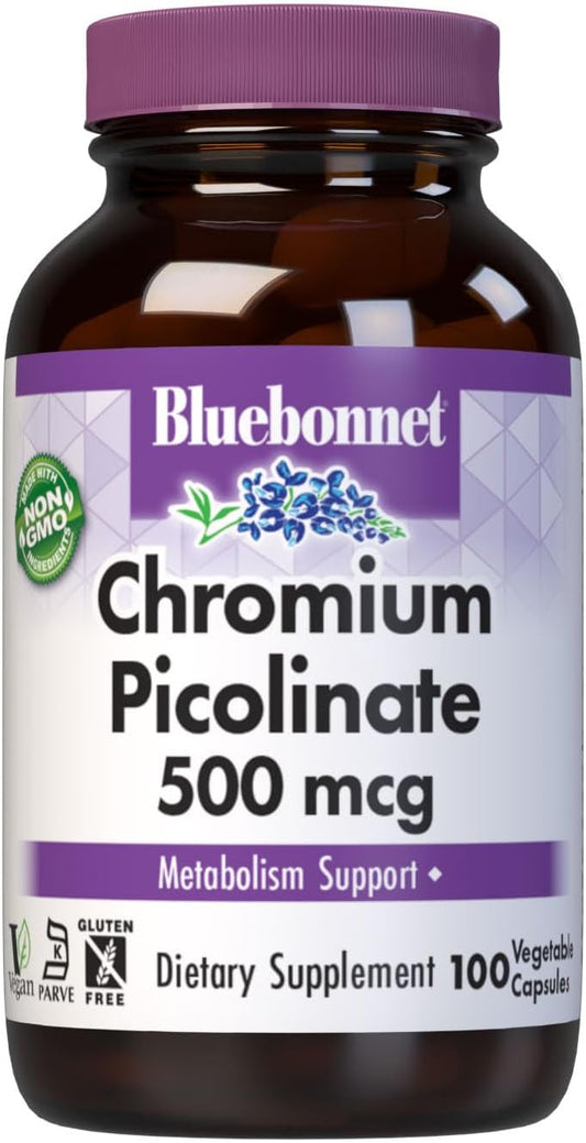 BlueBonnet Nutrition Chromium Picolinate 500 mcg - 100 Count Vegan Capsules, Non-GMO, Gluten, Dairy & Soy Free, Kosher Cert.