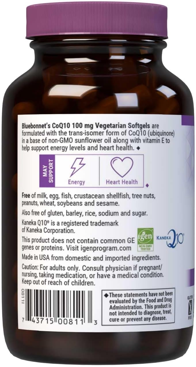 BlueBonnet Nutrition CoQ10 100mg Softgels for Energy and Heart Health - Non-GMO, Gluten-Free, Soy-Free, Vegetarian, 120 Servings