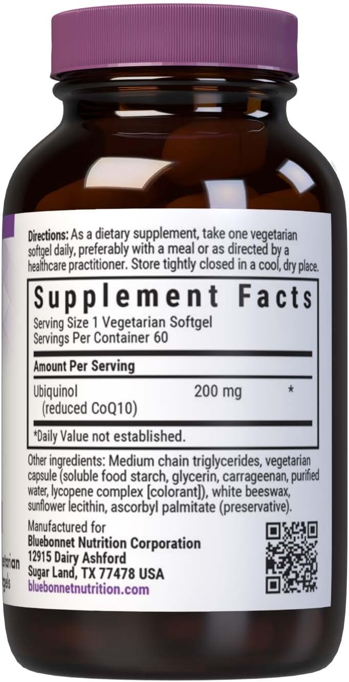 Bluebonnet Nutrition CoQ10 Ubiquinol 200mg Vegetarian Softgels - Heart & Cellular Health Support - Non GMO - Gluten, Soy & Milk Free - 60 Count