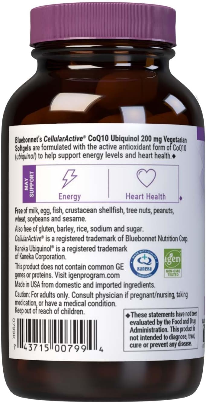 Bluebonnet Nutrition CoQ10 Ubiquinol 200mg Vegetarian Softgels - Heart & Cellular Health Support - Non GMO - Gluten, Soy & Milk Free - 60 Count