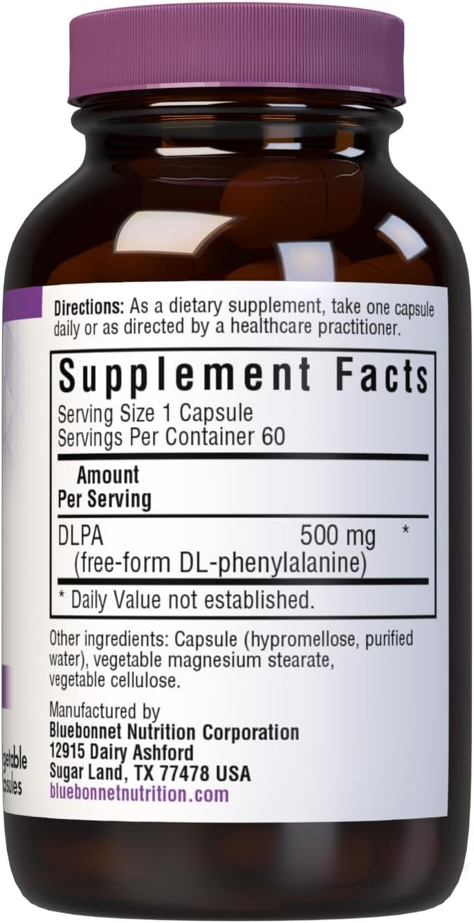 Bluebonnet Nutrition DL-Phenylalanine 500mg Capsules for Nervous System Support - Soy-Free, Gluten-Free, Non-GMO, Vegan - 60 ct.