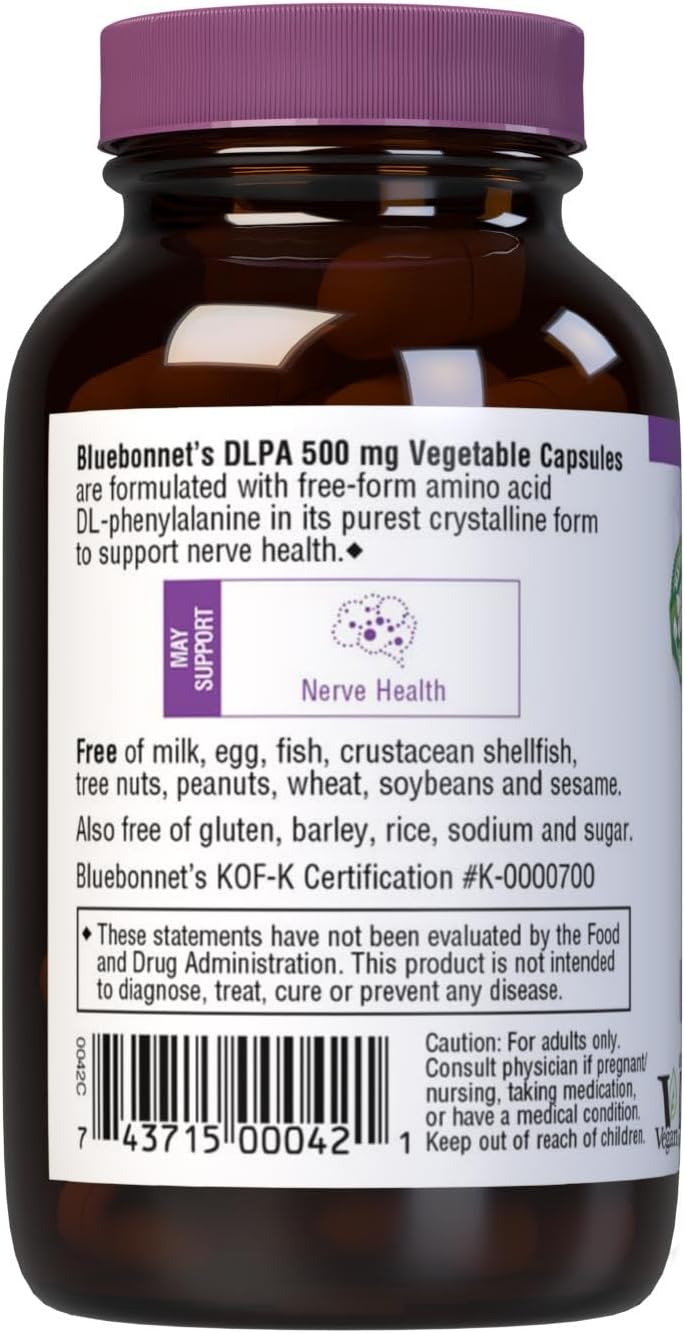 Bluebonnet Nutrition DL-Phenylalanine 500mg Capsules for Nervous System Support - Soy-Free, Gluten-Free, Non-GMO, Vegan - 60 ct.