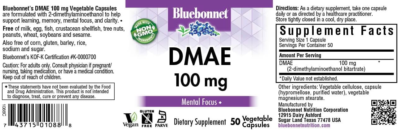 Bluebonnet Nutrition DMAE 100mg Capsules - 50 Count Bottle for Cognitive Support