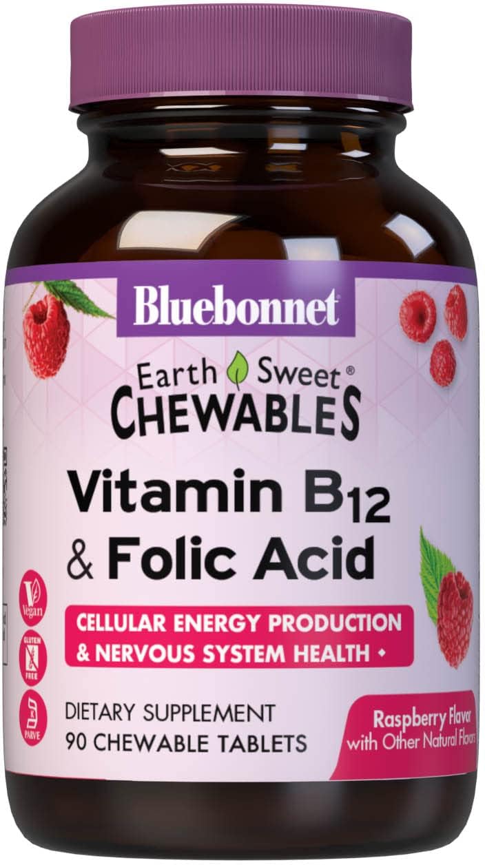 BlueBonnet Nutrition Earth Sweet Raspberry Chewable Vitamin B12 & Folic Acid Tablets - 90 Count Pack, Gluten-Free & Soy-Free