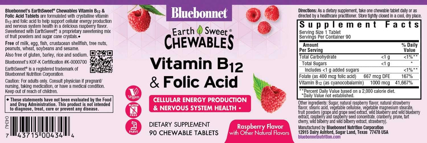 BlueBonnet Nutrition Earth Sweet Raspberry Chewable Vitamin B12 & Folic Acid Tablets - 90 Count Pack, Gluten-Free & Soy-Free