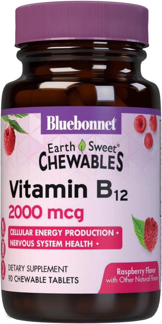 Bluebonnet Nutrition Earth Sweet Vitamin B12 2000 mcg Chewable Tablets - Soy-Free, Gluten-Free, Raspberry Flavored - 90 Chewable Tablets, 90 Servings