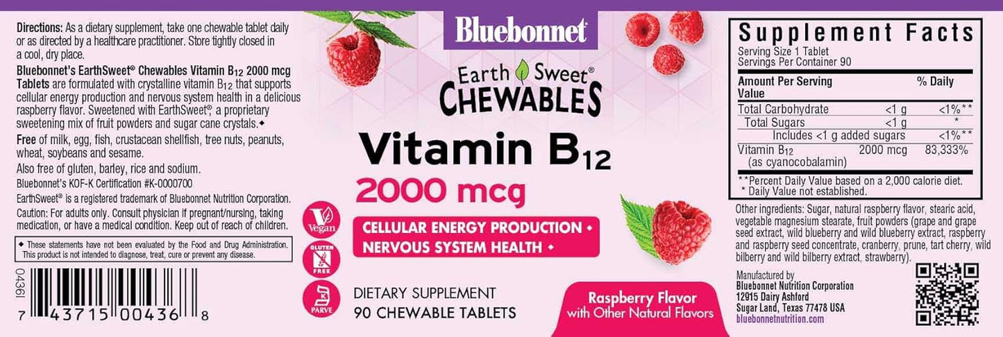 Bluebonnet Nutrition Earth Sweet Vitamin B12 2000 mcg Chewable Tablets - Soy-Free, Gluten-Free, Raspberry Flavored - 90 Chewable Tablets, 90 Servings