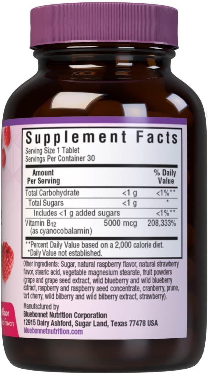 Bluebonnet Nutrition Earth Sweet Vitamin B12 5000 mcg Chewable Tablets - Soy-Free, Gluten-Free, Kosher Certified - Dairy-Free, Vegan - Raspberry Flavored - 30 Count