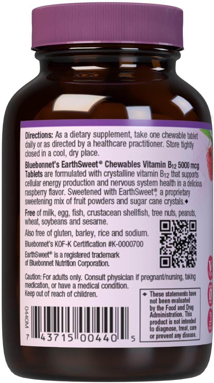 Bluebonnet Nutrition Earth Sweet Vitamin B12 5000 mcg Chewable Tablets - Soy-Free, Gluten-Free, Kosher Certified - Dairy-Free, Vegan - Raspberry Flavored - 30 Count