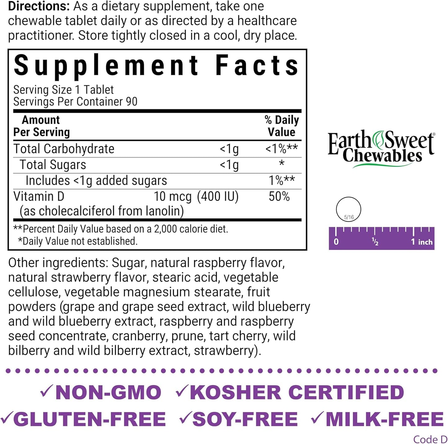 Bluebonnet Nutrition Earthsweet Chewable Vitamin D3 400 IU Supplement - 90 Count