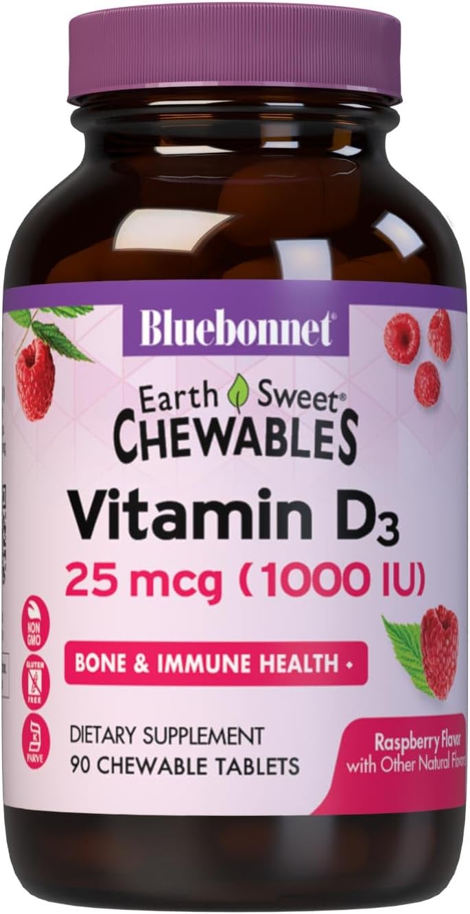 Bluebonnet Nutrition EarthSweet Raspberry Chewable Vitamin D3 1000IU - Bone & Immune Support - 90 Tablets - Women & Men - Soy-Free, Gluten-Free, Non-GMO