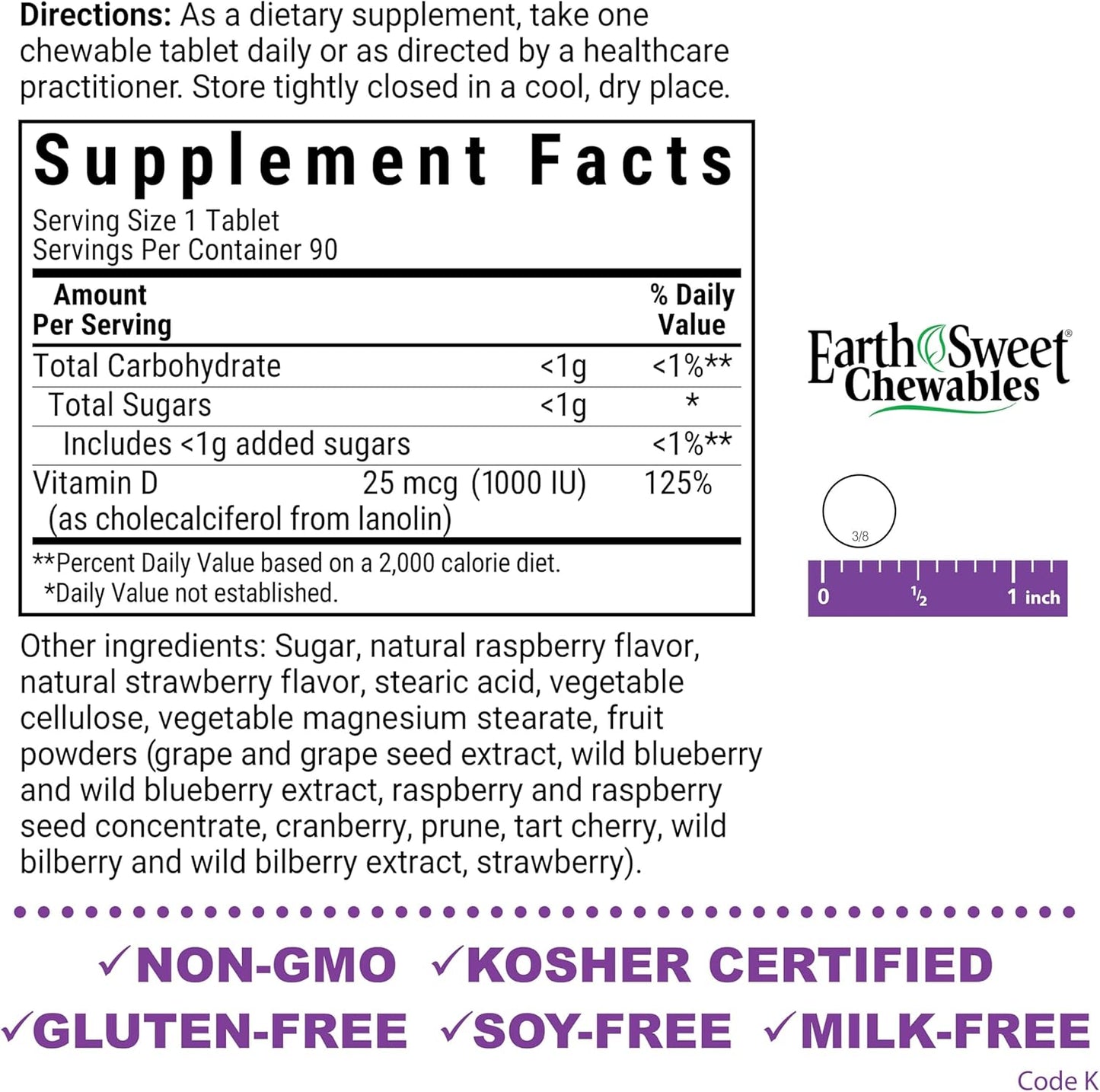 Bluebonnet Nutrition EarthSweet Raspberry Chewable Vitamin D3 1000IU - Bone & Immune Support - 90 Tablets - Women & Men - Soy-Free, Gluten-Free, Non-GMO