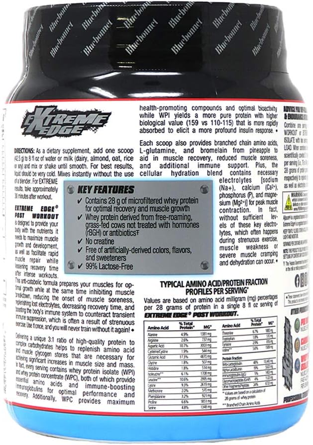 Bluebonnet Nutrition Extreme Edge Vanilla Post Workout Protein Powder - Grass Fed, 28g Protein, No Sugar, Gluten & Soy Free - 1.12 lb